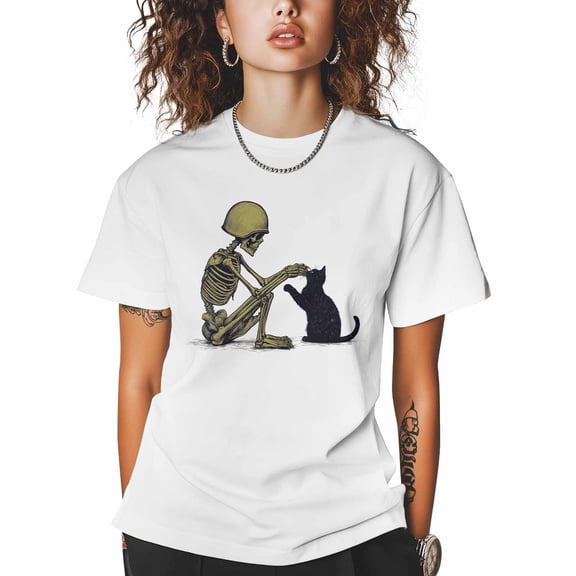 Women's Graphic T-Shirt White L Women's Tops Skull Playing with Cat Crew Neck Short Sleeve Shirts for Women