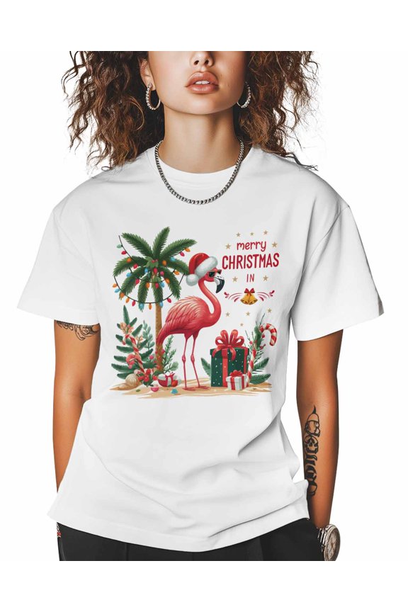 Women's Graphic T-Shirt White M Women's Tops Christmas Flamingos Bird Crew Neck Short Sleeve Shirts for Women