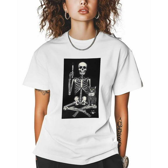 Women's Graphic T-Shirt White M Women's Tops Funny Skeleton and Cat Crew Neck Short Sleeve Shirts for Women