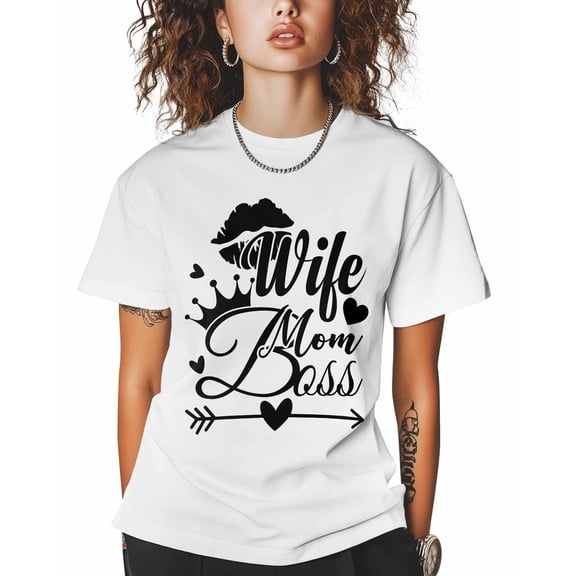 Women's Graphic T-Shirt White M Women's Tops Funny Text Wife Mom Boss Crew Neck Short Sleeve Shirts for Women