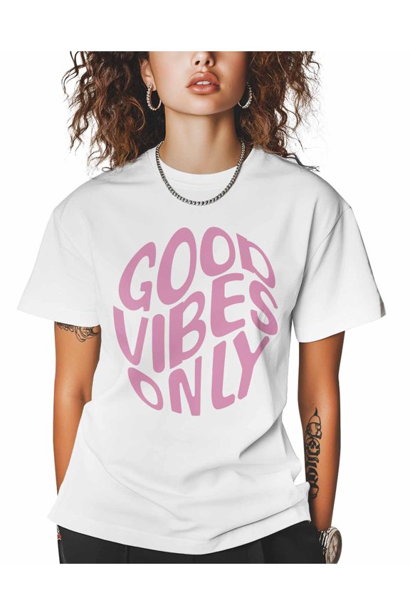 Women's Graphic T-Shirt White M Women's Tops Good Vibes Only Crew Neck Short Sleeve Shirts for Women