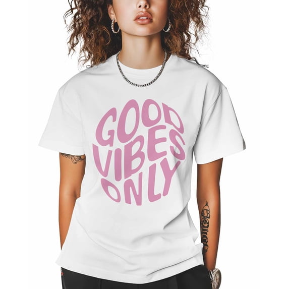 Women's Graphic T-Shirt White M Women's Tops Good Vibes Only Crew Neck Short Sleeve Shirts for Women