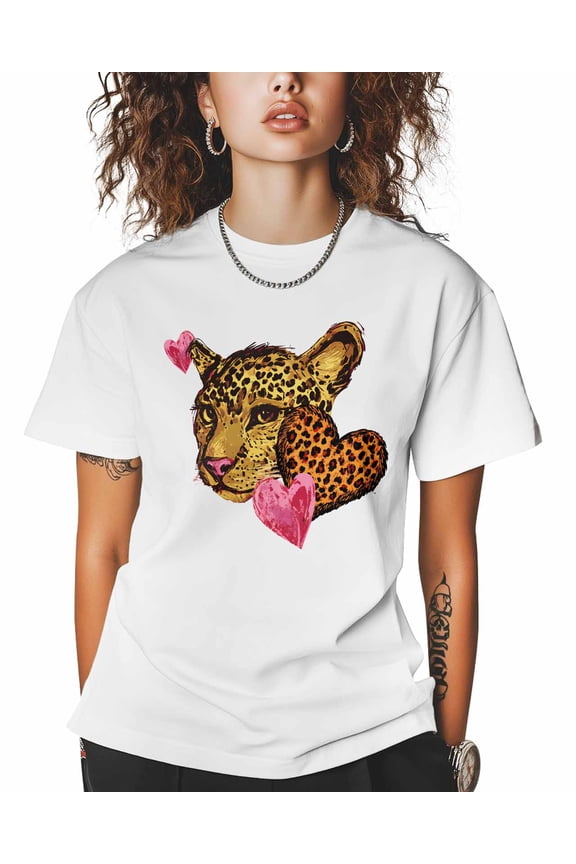 Women's Graphic T-Shirt White M Women's Tops Leopard Love Leopard Print Crew Neck Short Sleeve Shirts for Women