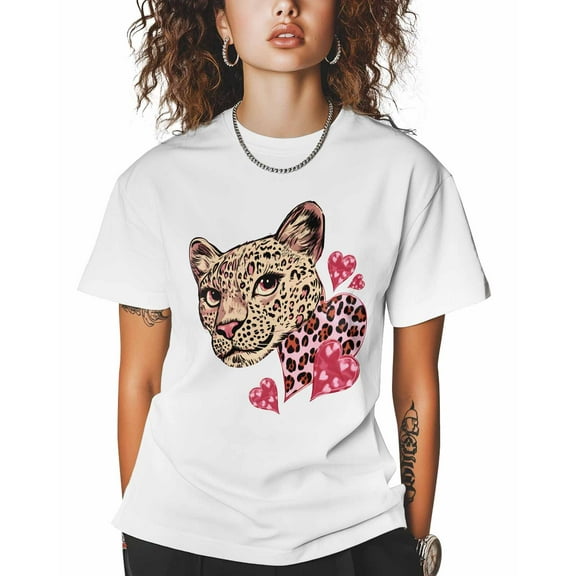 Women's Graphic T-Shirt White S Women's Tops Leopard Love Heart Crew Neck Short Sleeve Shirts for Women