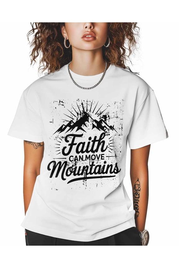 Women's Graphic T-Shirt White XL Women's Tops Faith Moves Mountains Crew Neck Short Sleeve Shirts for Women