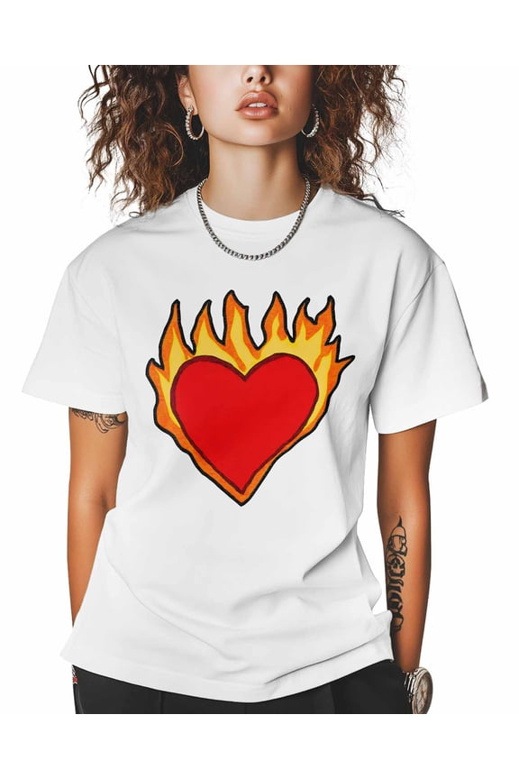 Women's Graphic T-Shirt White XL Women's Tops Flame Love Red Crew Neck Short Sleeve Shirts for Women