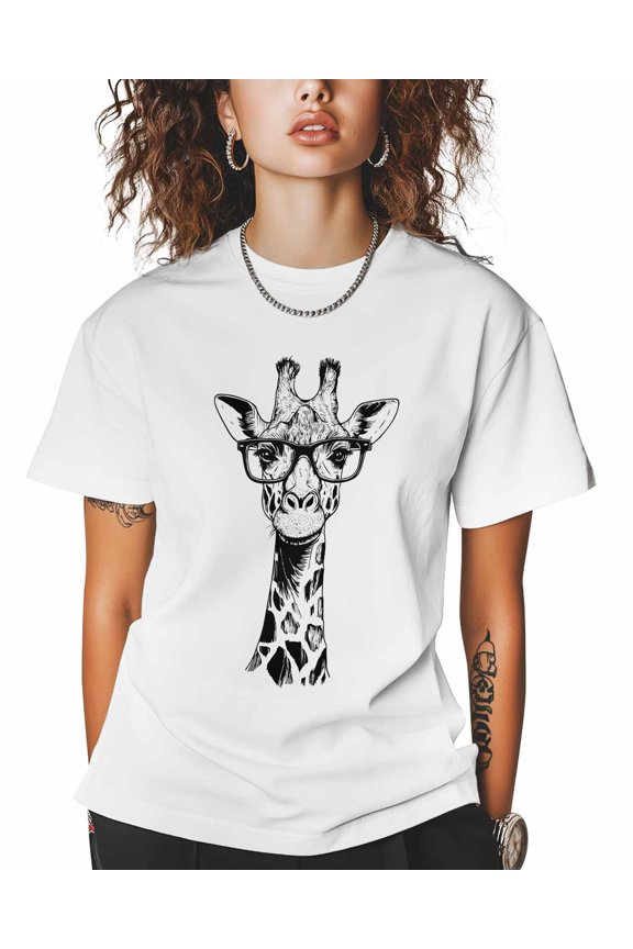Women's Graphic T-Shirt White XL Women's Tops Giraffe with Glasses Cartoon Crew Neck Short Sleeve Shirts for Women