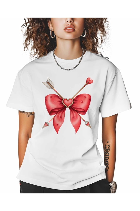 Women's Graphic T-Shirt White XL Women's Tops Valentine's Day Arrows Bow Crew Neck Short Sleeve Shirts for Women