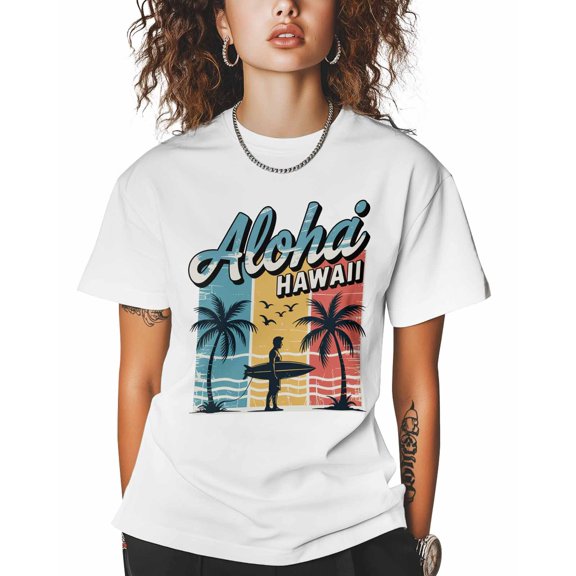 Women's Graphic T-Shirt White XS Women's Tops Aloha Hawaii Coconut Crew Neck Short Sleeve Shirts for Women