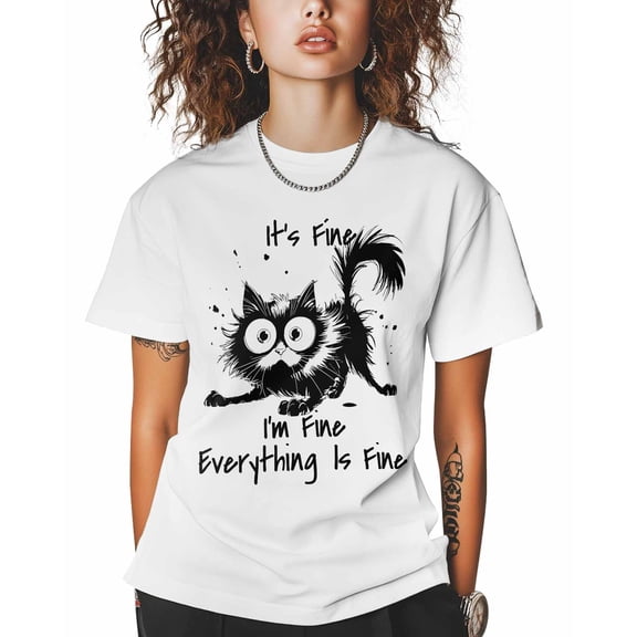 Women's Graphic T-Shirt White XS Women's Tops Funny Cat Digital Illustration Crew Neck Short Sleeve Shirts for Women