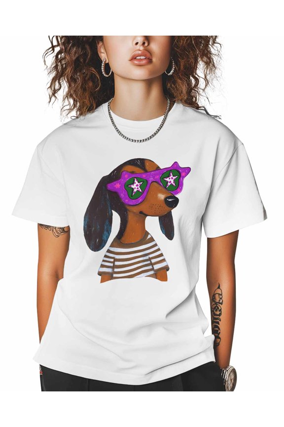 Women's Graphic T-Shirt White XS Women's Tops Squirrel Dog with Glasses Crew Neck Short Sleeve Shirts for Women