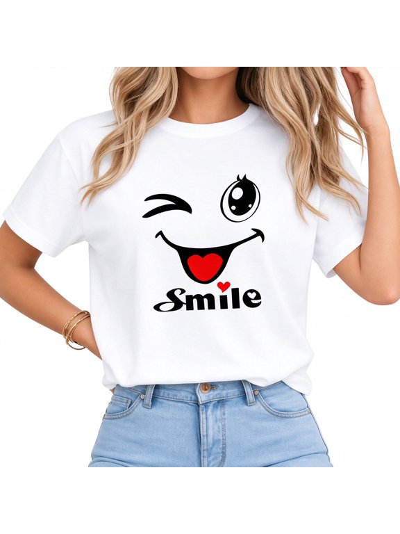 Women's Graphic T-Shirt Winking Smile Face Print Short Sleeve Cotton Casual White Soft Top