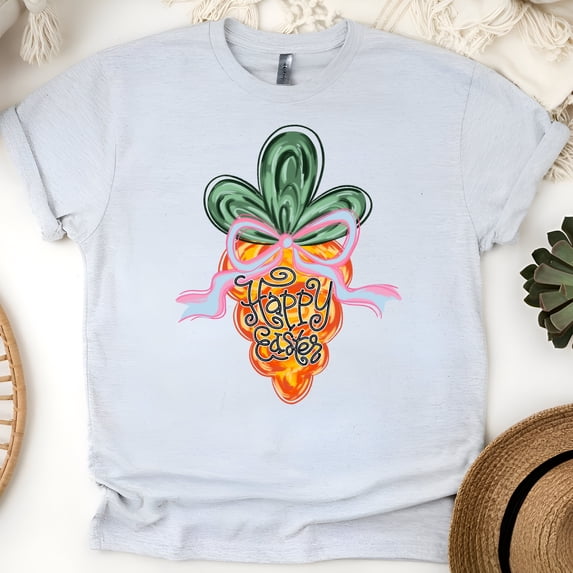 Women's Graphic T-Shirt with Pastel Carrot and Bow Print, Ash, Size S