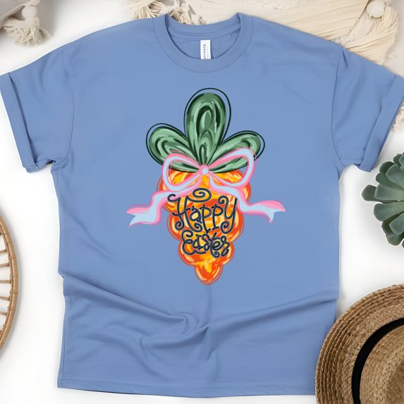 Women's Graphic T-Shirt with Pastel Carrot and Bow Print, CarolinaBlue, Size XL