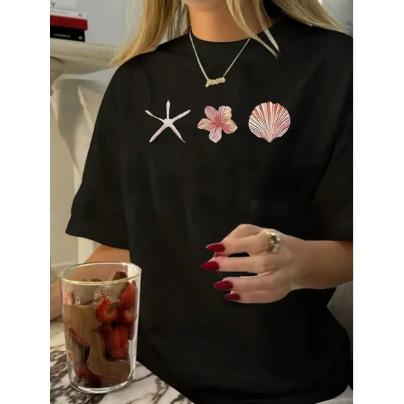 Women's Graphic T-Shirt with Starfish & Shell Print, Casual Slim Fit Short Sleeve Round Neck Top for Summer Beach Tshirt