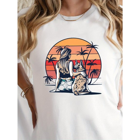 Women's Graphic T-Shirts, Casual Short Sleeve Tee Tops，Pattern printing，Round neck，Retro，cotton，white，S-5XL