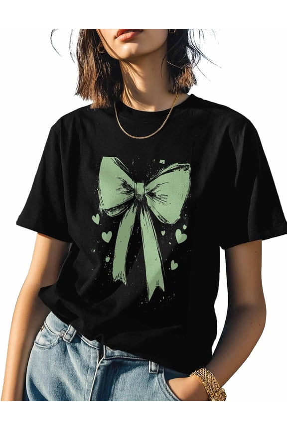 Women's Graphic T-Shirts Sage Green Bow Heart Tee Short Sleeve Casual Top T Shirt for Women
