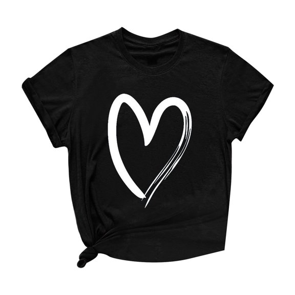 Women's Graphic T Shirts Short Sleeve Casual Cute Heart Print Crew Neck Tops Solid Color Loose Basic Blouses (L, Black)