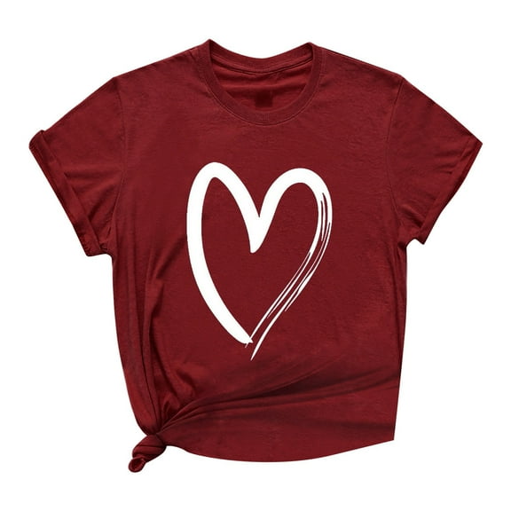Women's Graphic T Shirts Short Sleeve Casual Cute Heart Print Crew Neck Tops Solid Color Loose Basic Blouses (S, Wine)