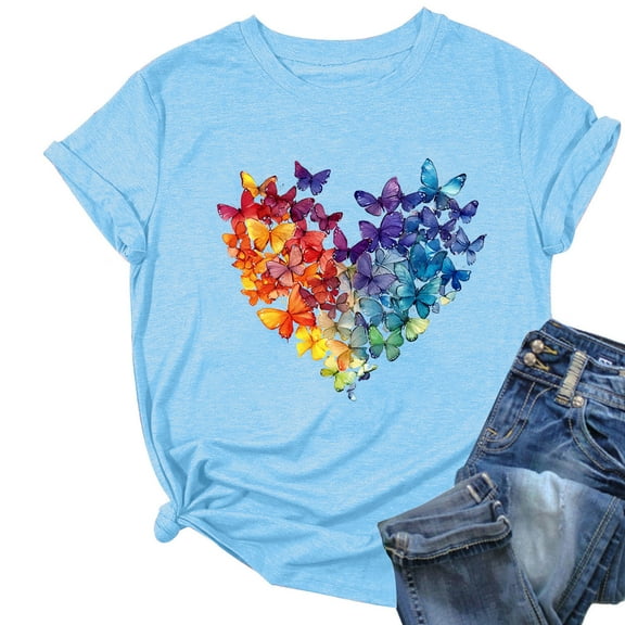 Women's Graphic T Shirts Summer Casual Classic Short Sleeve Tops Beach Loose Fit Floral Blouses Going out Tee (M, Light Blue)