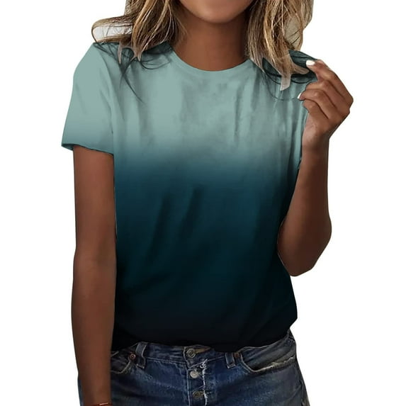 Women's Graphic T-shirt, Casual Short Sleeve Round Neck Top with Gradient Print, Comfortable Stretch Blouse for Daily Wear