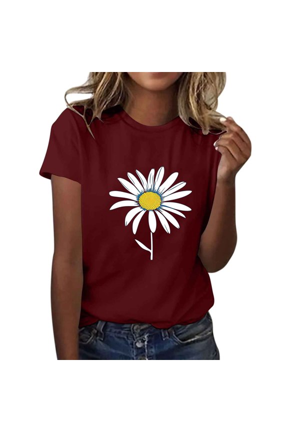 Women's Graphic Tee Flower Printed Short Sleeve Basic Shirts Casual Loose Fit Floral Tops Soft Comfy Clothes (L, Wine 7)