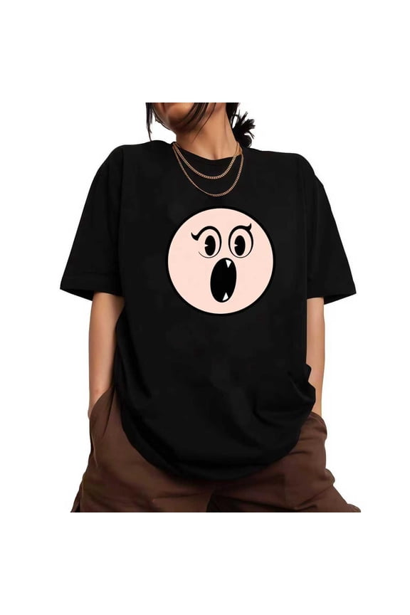 Women's Graphic Tee, Light Pink Cartoon Face T-Shirt with Curved Eyelashes & Open Mouth, Cute Casual Crew neck Tops，Funny，cotton，black，S-5XL