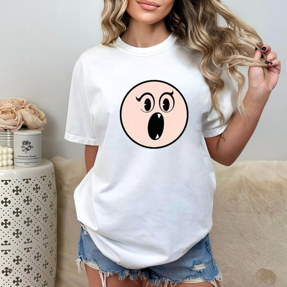 Women's Graphic Tee, Light Pink Cartoon Face T-Shirt with Curved Eyelashes & Open Mouth, Cute Casual Crew neck Tops,Funny,cotton,white,S-5XL