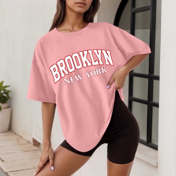 Women's Graphic Tee Oversized Casual Summer Tops Letter Print Round Neck Short Sleeve Shirt Loose Fit Comfortable Daily Wear