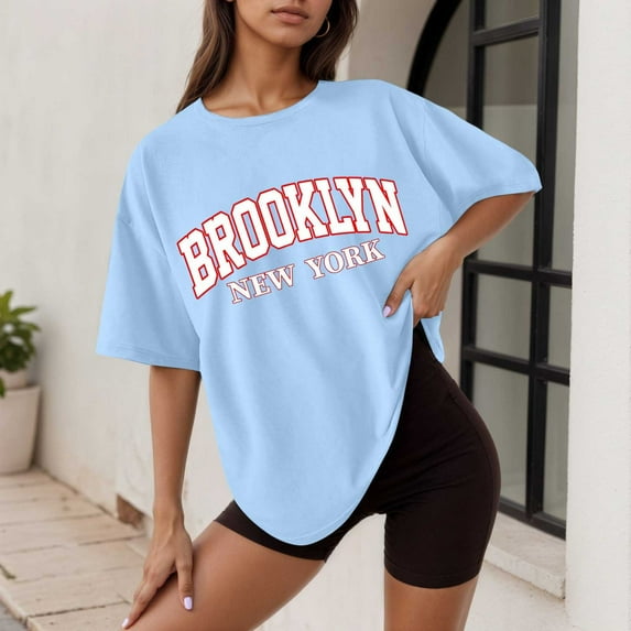 Women's Graphic Tee Oversized Casual Summer Tops Letter Print Round Neck Short Sleeve Shirt Loose Fit Comfortable Daily Wear