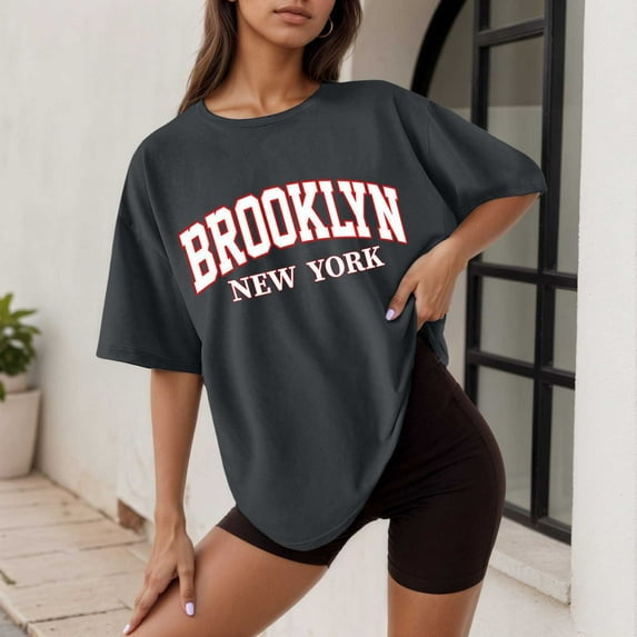 Women's Graphic Tee Oversized Casual Summer Tops Letter Print Round Neck Short Sleeve Shirt Loose Fit Comfortable Daily Wear