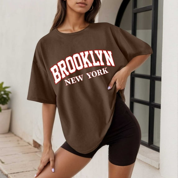 Women's Graphic Tee Oversized Casual Summer Tops Letter Print Round Neck Short Sleeve Shirt Loose Fit Comfortable Daily Wear
