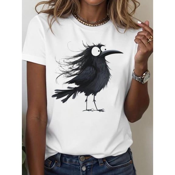 Women's Graphic Tee, Raven Print T-Shirt, Casual Slim-Fit Tops，Simple style，Round neck，Funny，cotton，white，S-5XL