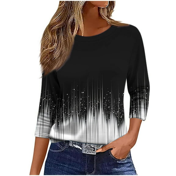 Women's Graphic Tee Shirt 3/4 Length Sleeve Plus Size Printed Summer Fall Tops Casual Crew Neck Tshirts (2XL, Black 04)