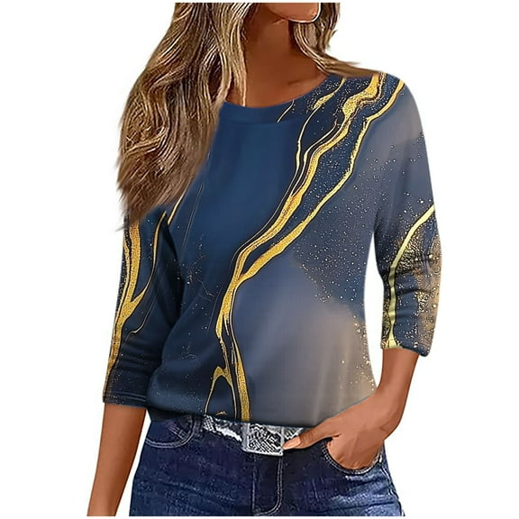 Women's Graphic Tee Shirt 3/4 Length Sleeve Plus Size Printed Summer Fall Tops Casual Crew Neck Tshirts (3XL, Gray)