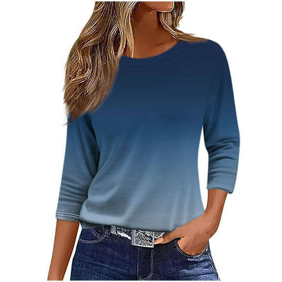 Women's Graphic Tee Shirt 3/4 Length Sleeve Plus Size Printed Summer Fall Tops Casual Crew Neck Tshirts (3XL, Navy 01)