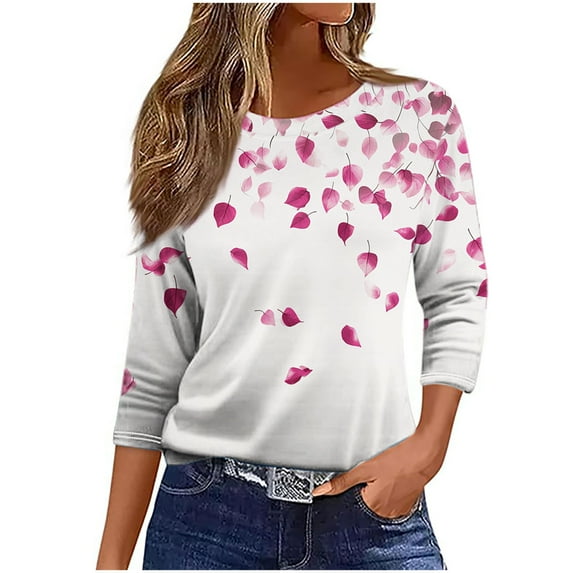 Women's Graphic Tee Shirt 3/4 Length Sleeve Plus Size Printed Summer Fall Tops Casual Crew Neck Tshirts (S, Pink 03)