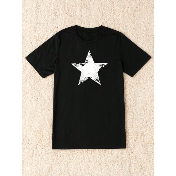 Women's Graphic Tee,Star Print,Casual Short Sleeve Tops for Women,Soft Comfort T-Shirt,Classic,cotton,black,S-5XL