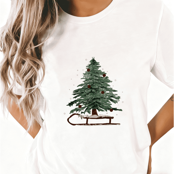 Women's Graphic Tee T-Shirt Top Christmas Tree Sleigh Print Top Short Sleeve Round Neck White S-5XL