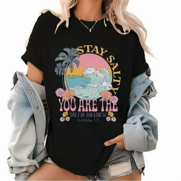 Women's Graphic Tee T-Shirt Top Stay Salty You Are The Salt Of The Earth Print Short Sleeve Round Neck Black S-5XL