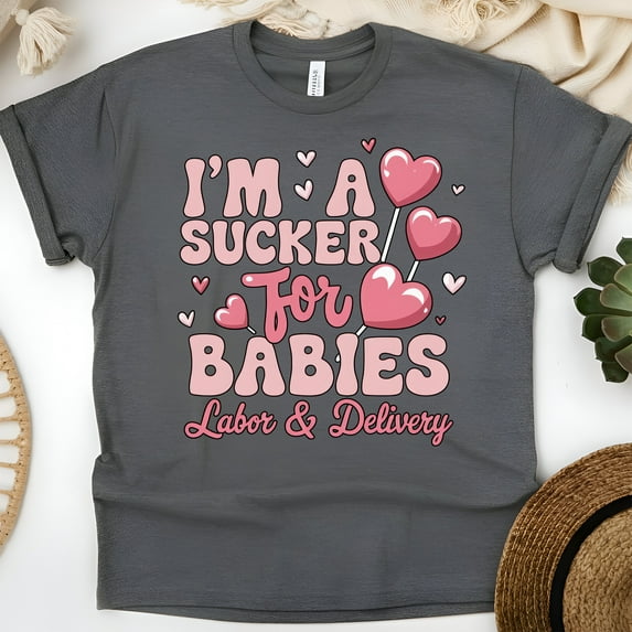 Women’s Graphic Tee with Heart Lollipop Design for Maternity Nurses, Dark Heather, Size XL
