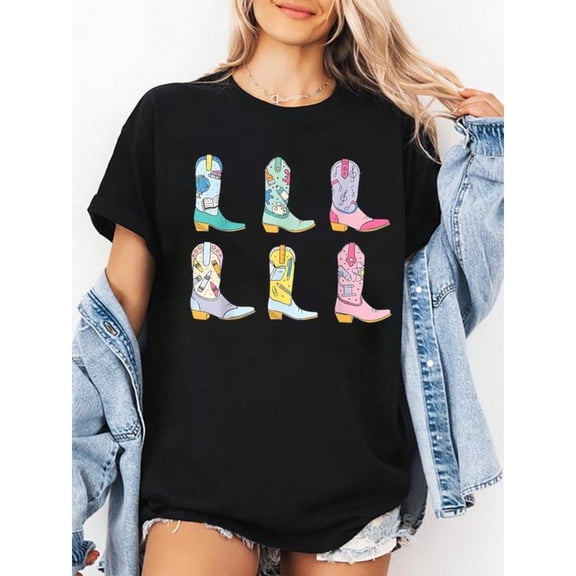 Women's Graphic Tees, Boots With Various Color Patterns, Casual Short Sleeve Tops，Crew neck，Funny，cotton，black，S-5XL