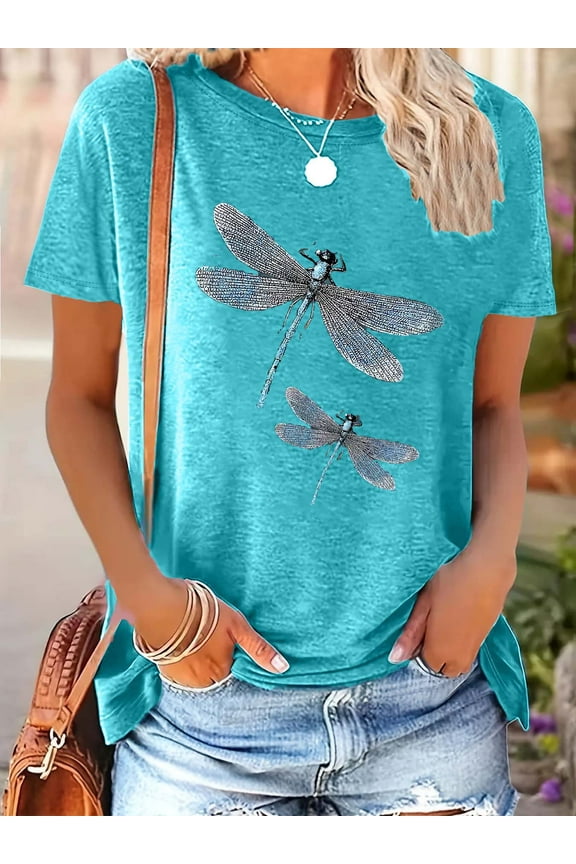 Women's Graphic Tees Casual Summer Funny Dragonfly Printed Short Sleeve Cute T Shirts Tops, M