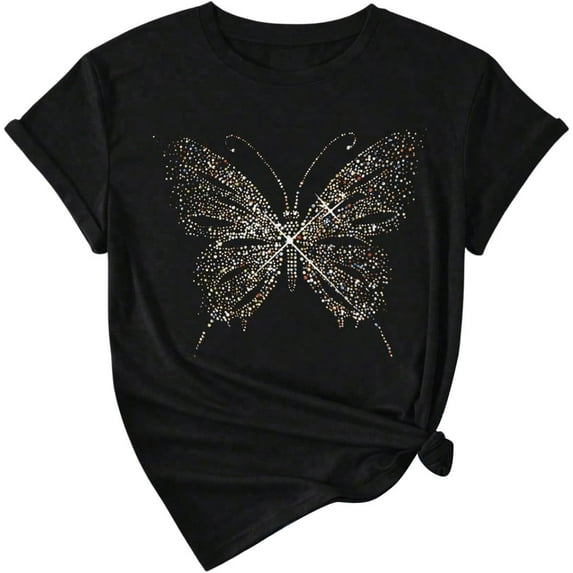 Women's Graphic Tees Short Sleeve Butterfly Print Y2K Tops Crewneck T Shirt Cute Going Out Tops