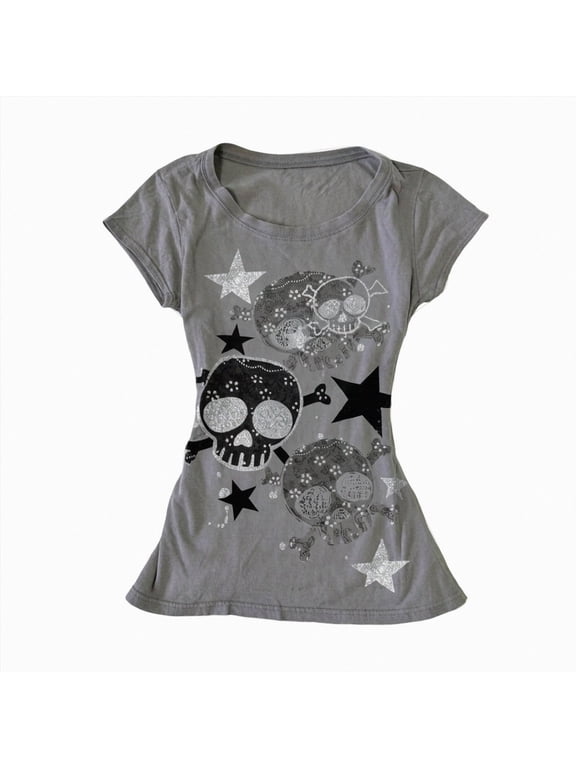 Women's Graphic Tees Y2K Vintage Gothic Tops 2000s Streetwear Slim Fit Shirt Emo Scene Alternative Clothes for Women, Casual Party Shirts