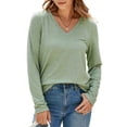 thumbnail image 1 of Women's Grass Green V Neck Long Sleeve Top – Casual Stretchy Tee for Daily Wear, M, 1 of 12
