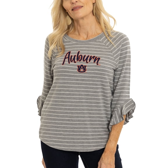 Women's  Gray Auburn Tigers Renatta Striped Ruffle 3/4-Sleeve T-Shirt