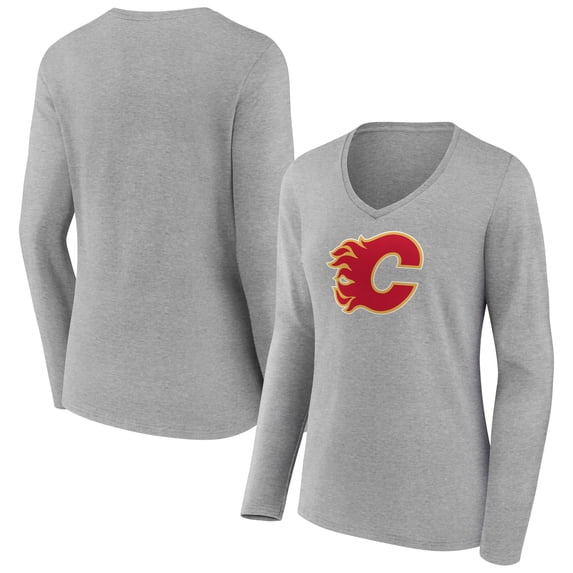 Women's Gray Calgary Flames Primary Logo Long Sleeve V-Neck T-Shirt
