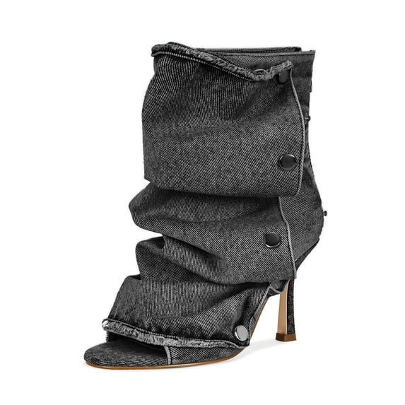 Women's Gray Denim Open Toe Slouchy Stiletto High Heel Ankle Boots Snap ...