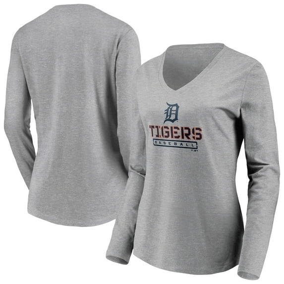 Women's Gray Detroit Tigers Evanston Stencil Long Sleeve V-Neck T-Shirt